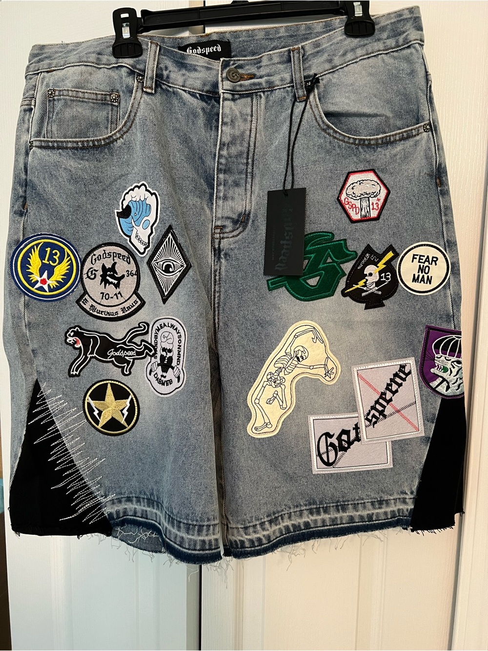 Godspeed Blue Patchwork Embroidered Jean Shorts